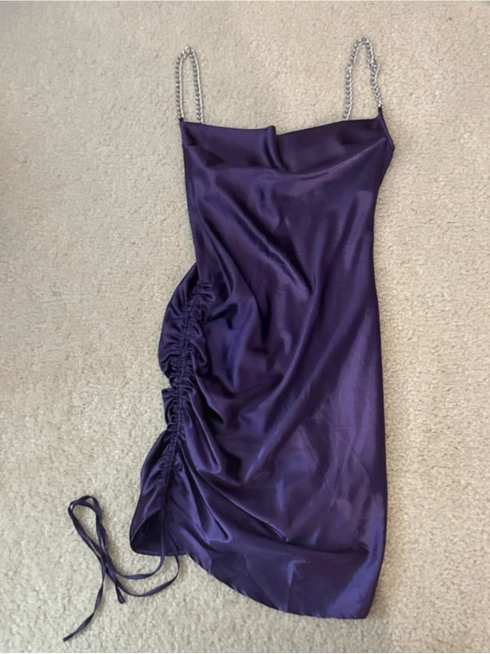 Purple Satin Ruched Slip Dress with Chain Straps